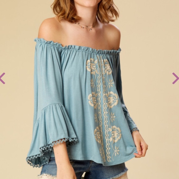 Altar’d State Blue Bardot Off Shoulder Cream Embroidered Bell Sleeve Blouse - Picture 12 of 15